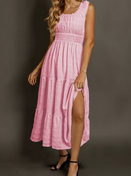 Pink Shirred Pleated Square Neck Sleeveless Midi Dress