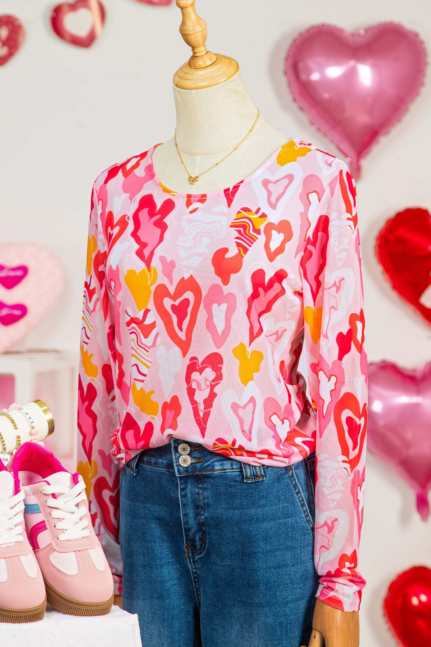 Rose Valentine Heart Mesh Long Sleeve Top - Image 6