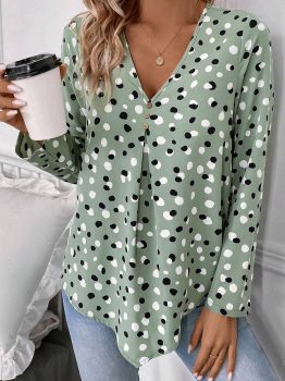Green Polka Dot Print Button Front V Neck Blouse