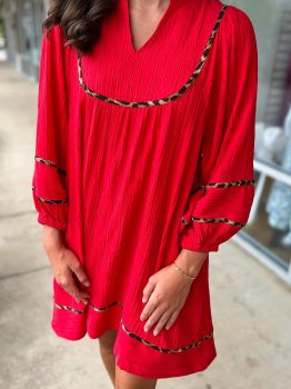 Fiery Red Textured V Neck Leopard Contrasted Trim Long Sleeve Shift Mini Dress