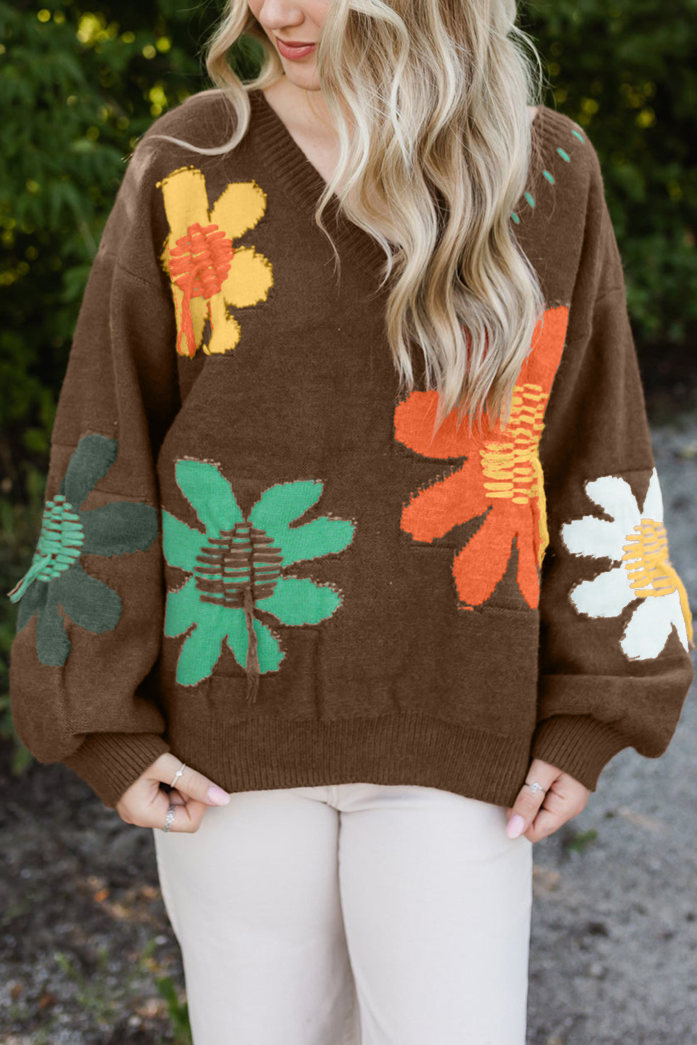 Coffee Big Flower Pattern V Neck Drop Shoulder Sweater - Image 7