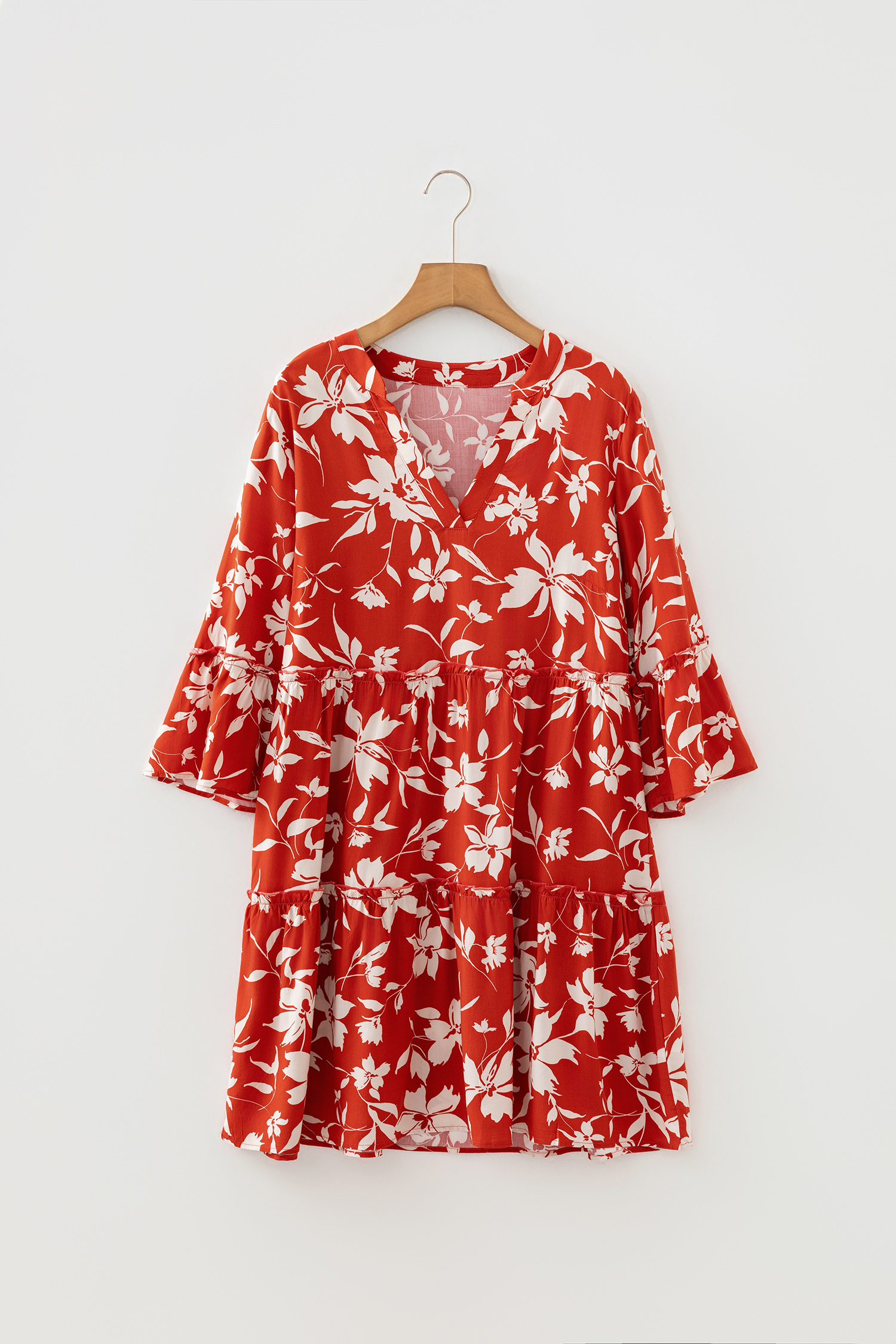 Red Boho Floral Print Lettuce Trim 3/4 Sleeve Mini Dress - Image 3
