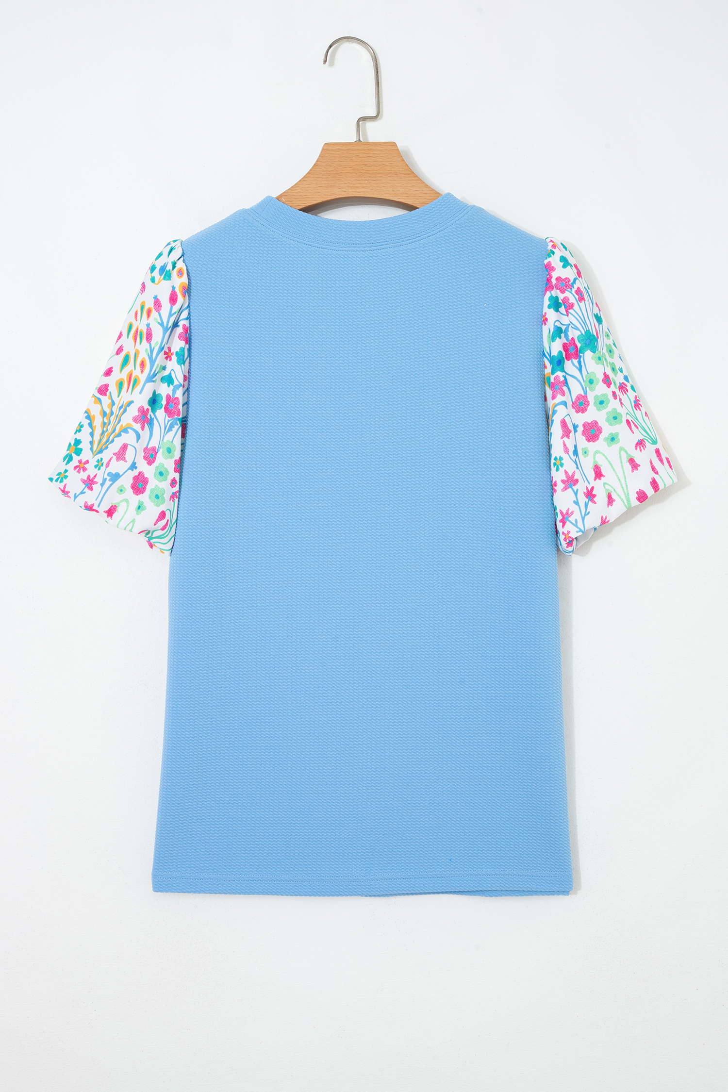 Light Blue Round Neck Textured Contrast Floral Bubble Sleeve Blouse - Image 8