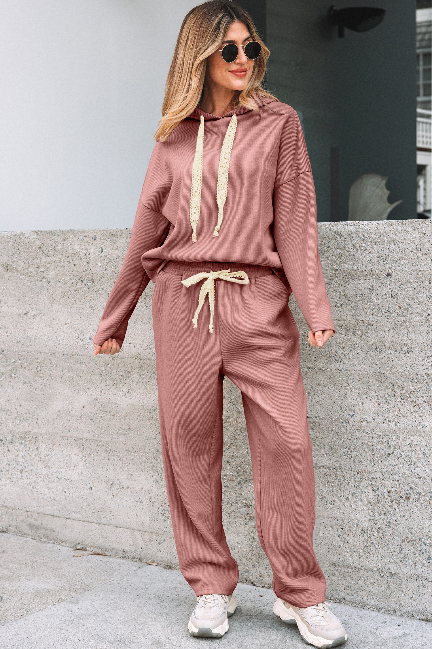 Rose Tan Lace Drawstring Pullover Hoodie and High Waist Pants Corduroy Suit - Image 4