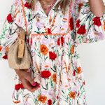 Beige Floral Print 3/4 Puff Sleeve Ricrac Trim Mini Dress