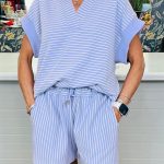 Sky Blue Stripe Dolman Sleeve Polo Shirt and Drawstring Shorts Set