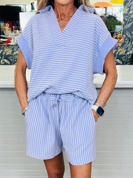 Sky Blue Stripe Dolman Sleeve Polo Shirt and Drawstring Shorts Set
