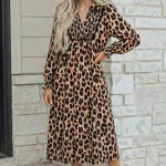 Brown Leopard Print Smocked Detail Flowy Midi Dress