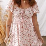 Pink Front Tie Shirred Waist Short Sleeve Ruffled Floral Mini Dress