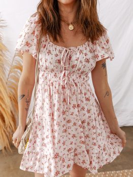 Pink Front Tie Shirred Waist Short Sleeve Ruffled Floral Mini Dress