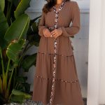 Chestnut Floral Patchwork Detail Notched Neck Long Sleeve Maxi Dress