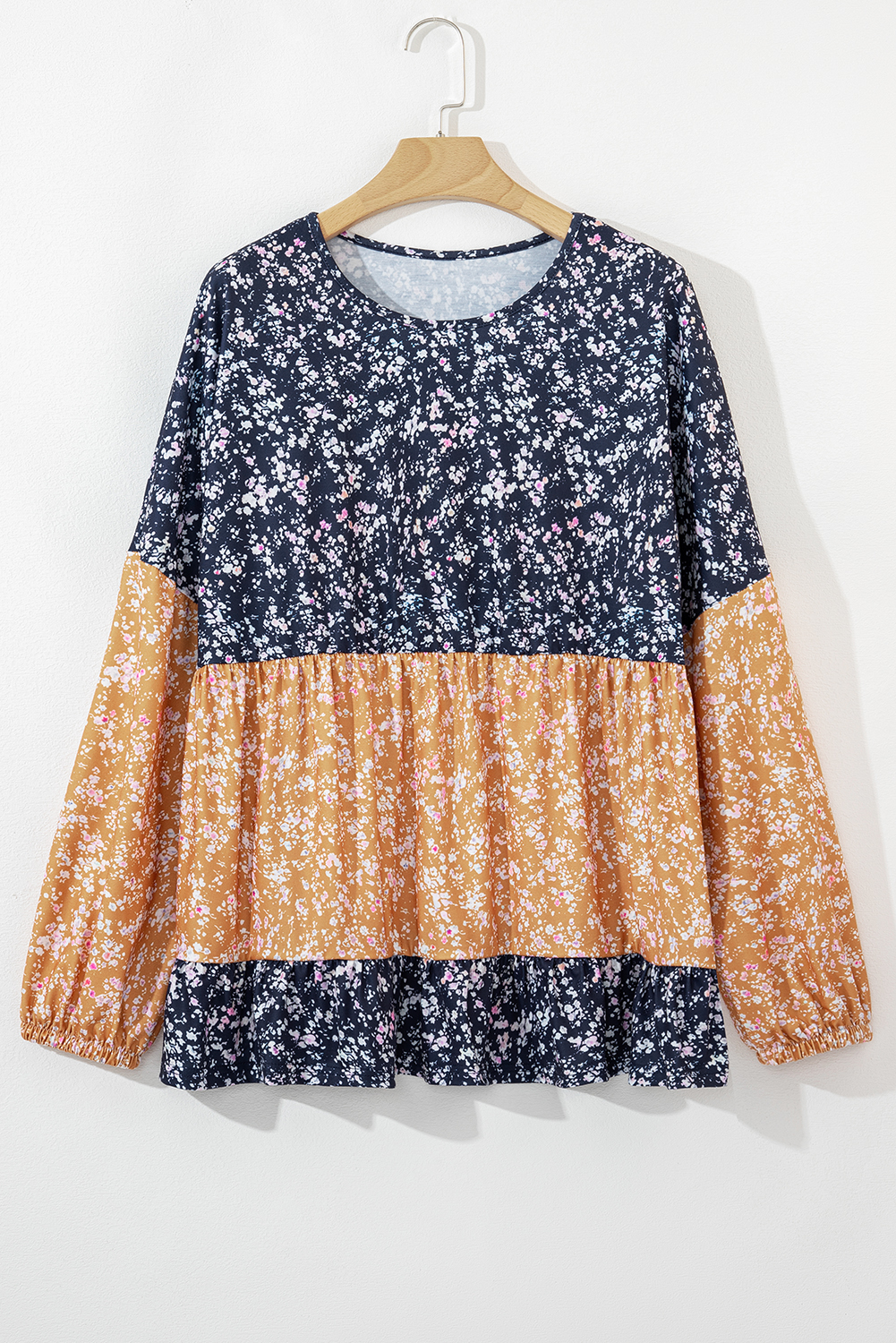 Blue Floral Color Block Patchwork Ruffled Hem Round Neck Blouse - Image 3