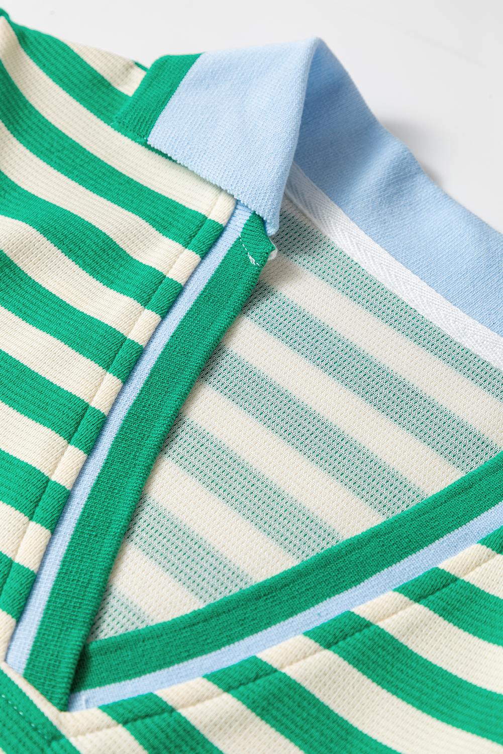 Green Striped Contrast Collar Split Neck Long Sleeve Mini Dress - Image 6