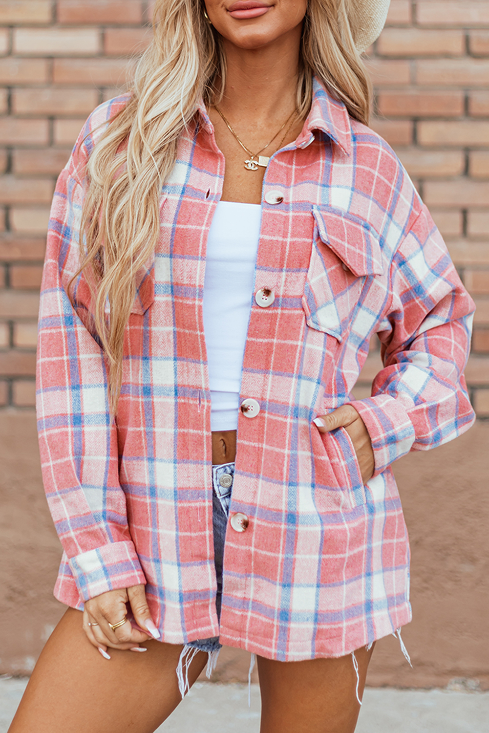 Pink Plaid Flap Pocket Button Up Shacket - Image 8