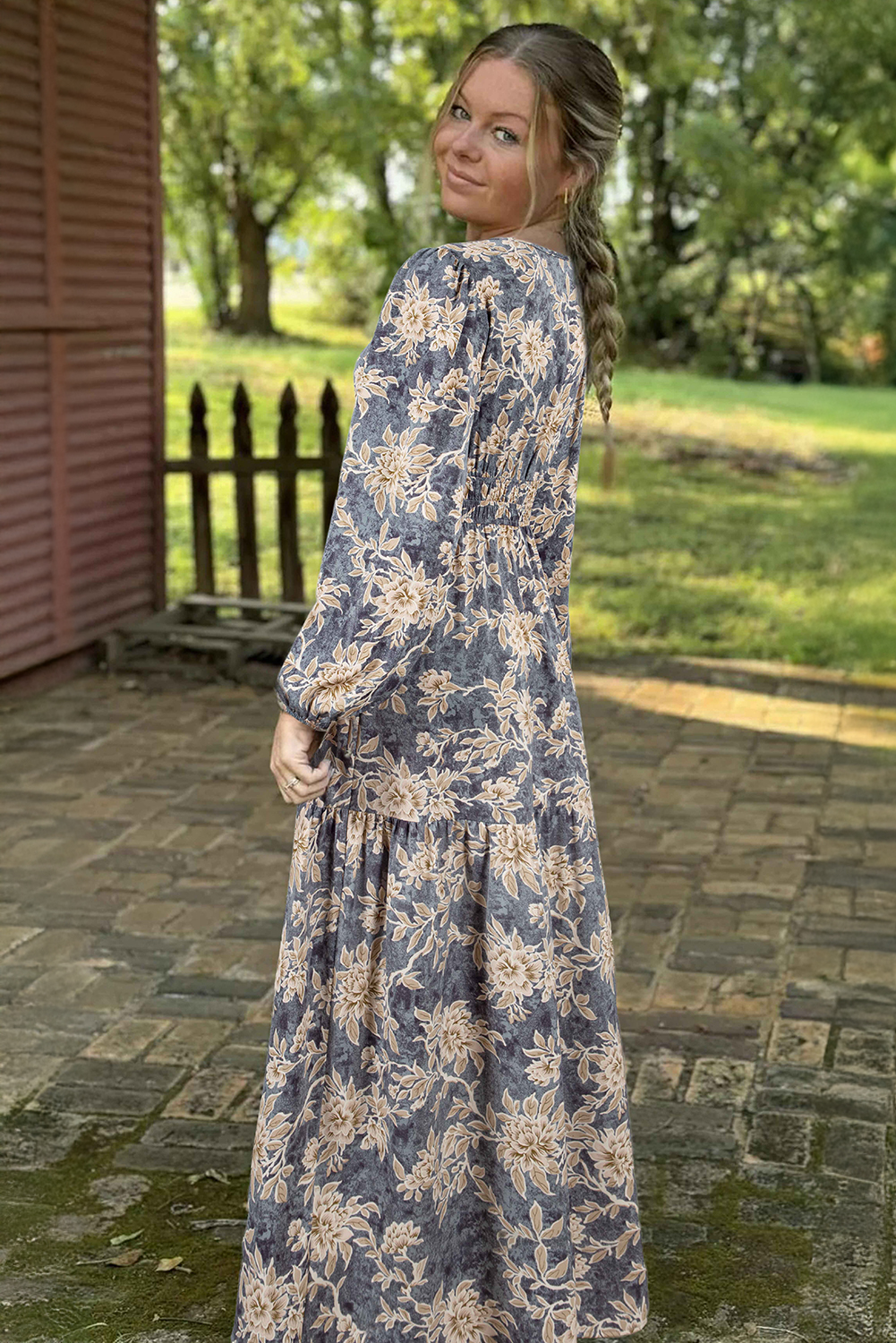 Sky Blue Floral Print Smocked High Waist Long Sleeve Maxi Dress - Image 2
