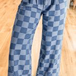 Dusk Blue Checkered Denim Wide Leg Jeans