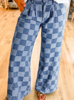 Dusk Blue Checkered Denim Wide Leg Jeans