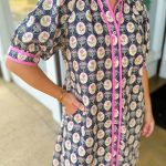 Blue Striped Trim Short Sleeve Vintage Floral Shift Dress