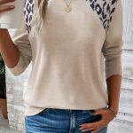 Beige Leopard Print Detail Round Neck Long Sleeve Top