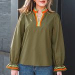 Four Leaf Clover Striped Trim Ruffle Split Neck Long Sleeve Blouse