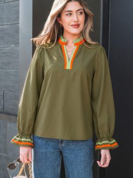 Four Leaf Clover Striped Trim Ruffle Split Neck Long Sleeve Blouse