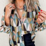 Green Geometric Print Buttoned Balloon Sleeve Loose Fit Shirt