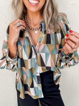 Green Geometric Print Buttoned Balloon Sleeve Loose Fit Shirt