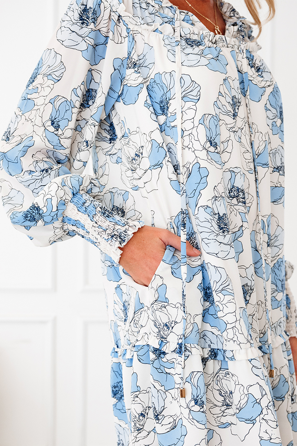 Sky Blue Floral Print Tie Neck Long Sleeve Flowy Mini Dress - Image 7