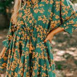 Green Floral Print Drawstring Tunic Flowy Short Dress