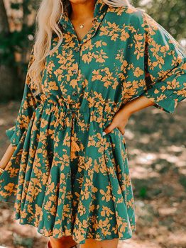 Green Floral Print Drawstring Tunic Flowy Short Dress