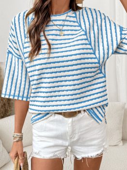 Sky Blue Stripe Textured Knit Split Hem Half Sleeve Loose Top