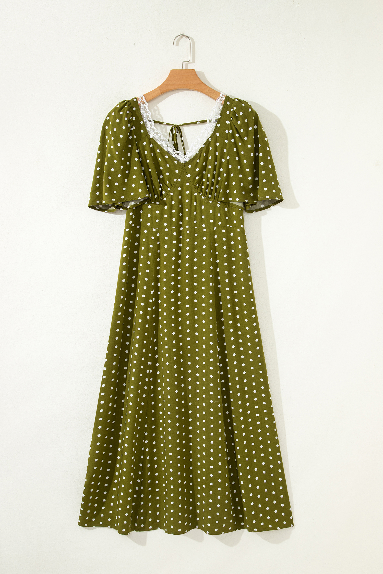 Green Polka Dot Print Lacy Neckline Smocked High Waist Maxi Dress - Image 5