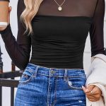 Black Sheer Mesh Patchwork High Neck Long Sleeve Top