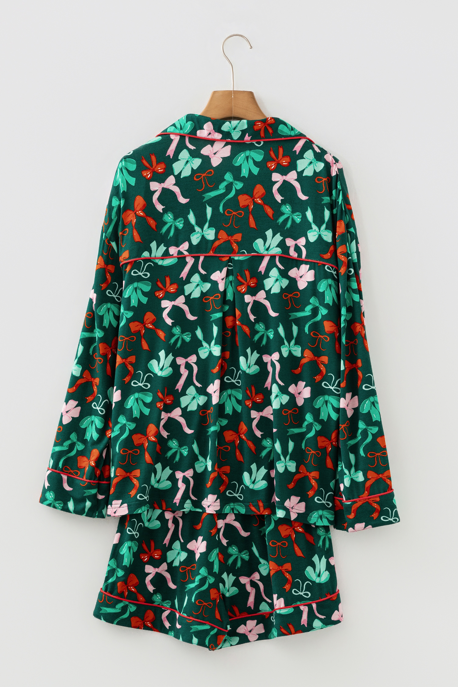Green Festive Bow Print Long Sleeve Shirt and Pajama Short Set - Image 8