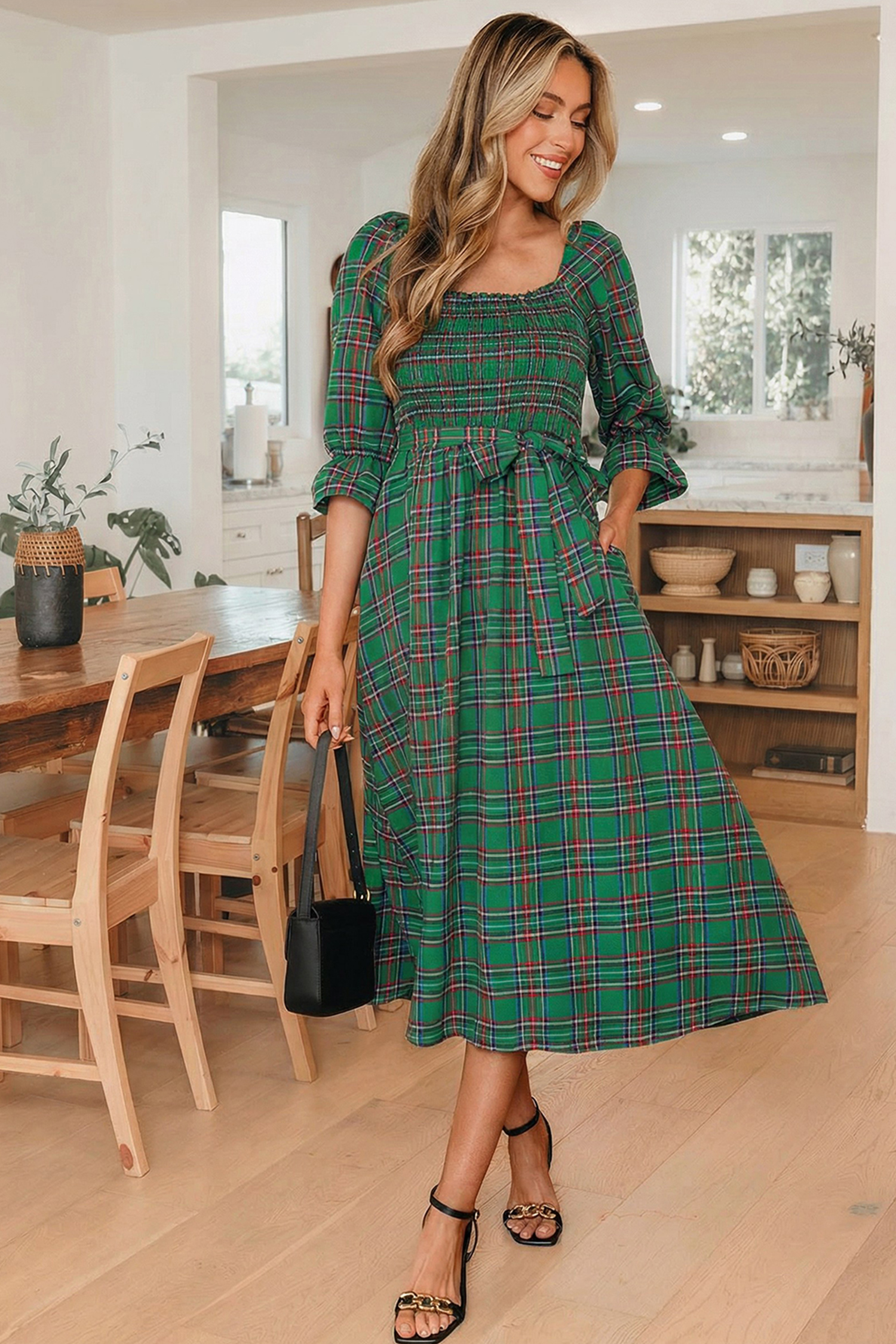Green Tartan Plaid Square Neck Puff Sleeve Knot Waist Flared Midi Dress - Image 4