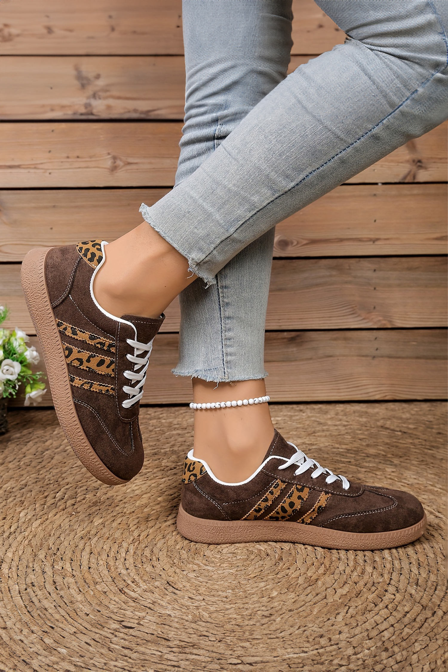 Coffee Contrast Lace-up Leopard Patchwork Detail Faux Suede Shoes - Image 3