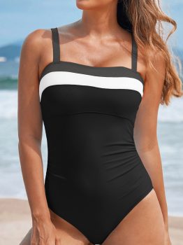 Black Color Block Detail Adjustable Straps One Piece Swimsuit