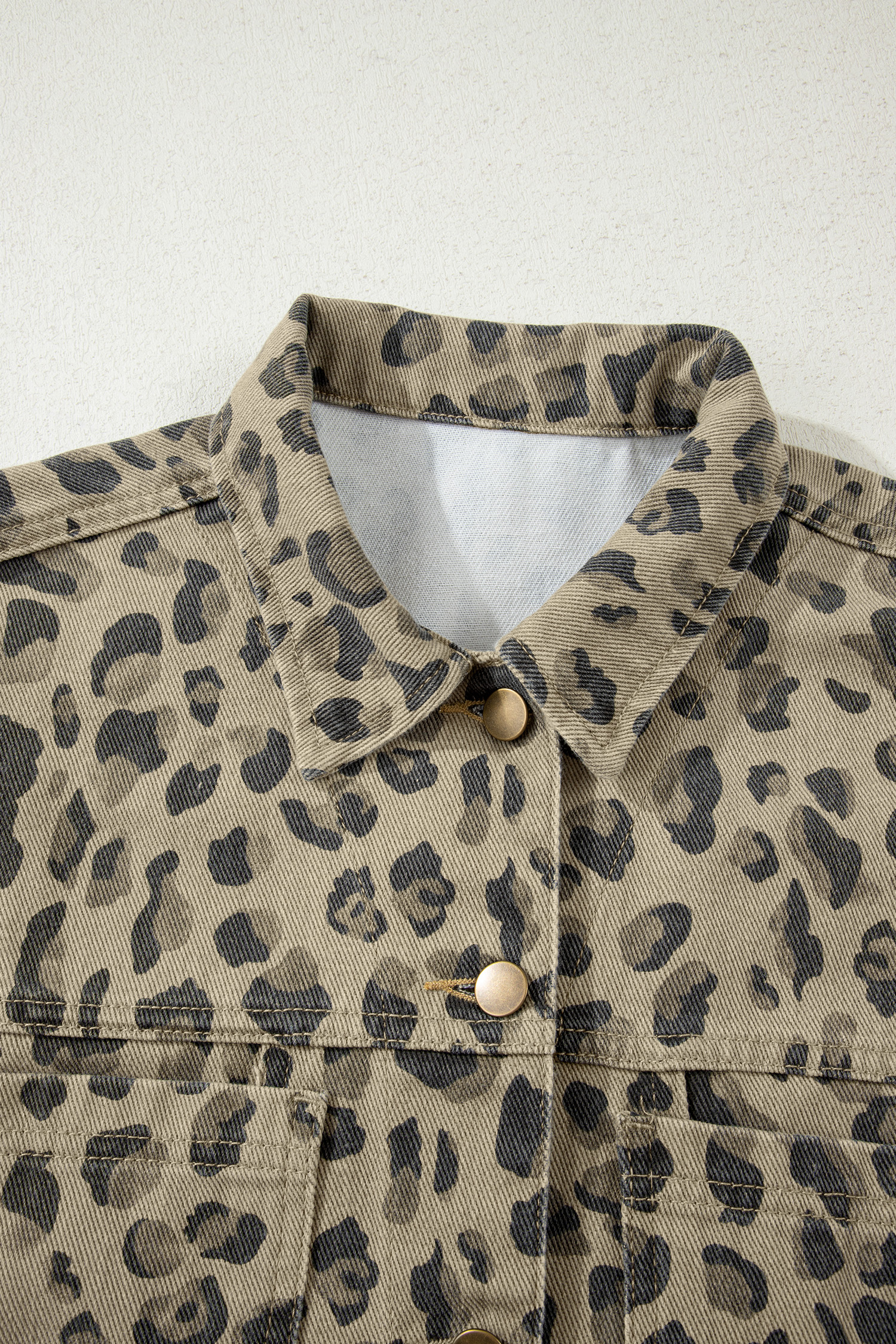 Khaki Retro Leopard Print Seam Detail Button Down Denim Jacket - Image 5