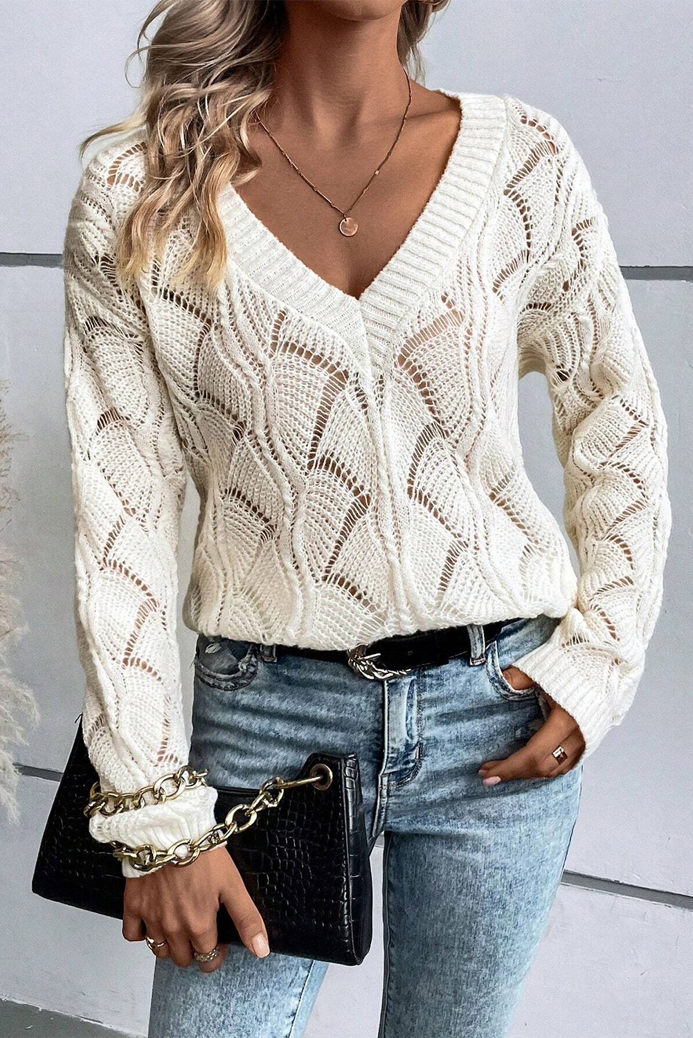 Beige Hollow Out Knit V Neck Drop Shoulder Sweater - Image 5