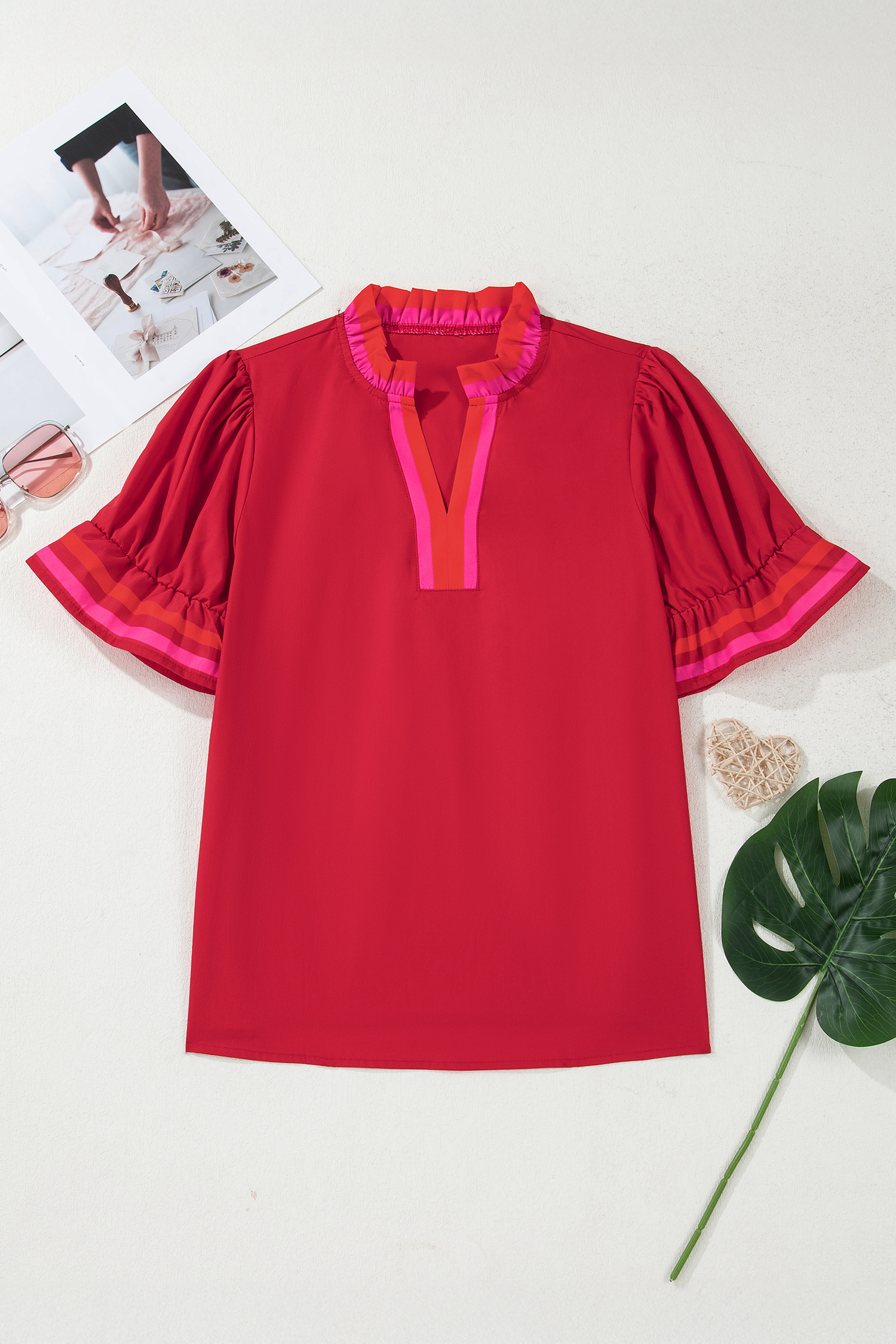 Fiery Red Striped Frilled Collar Ruffled Short Sleeve Blouse - Image 2