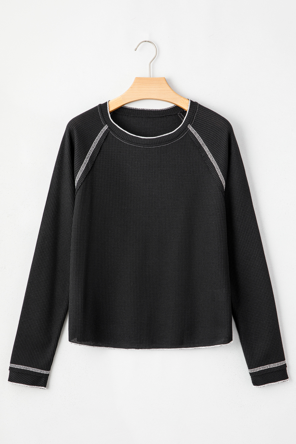Black Textured Round Neck Long Sleeve Top - Image 5