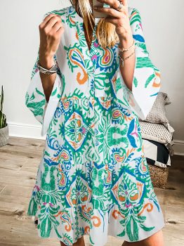 Green Tribal Bracelet Sleeve Buttoned Mini Dress