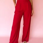 Fiery Red Pleated Detail Pull On High Elastic Waist Loose Straight Pants