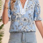 Sky Blue Floral Striped Printed Polo Collar Short Sleeve Blouse