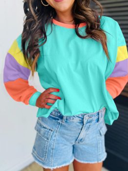 Light Blue Colorblock Patchwork Long Sleeve Loose Top