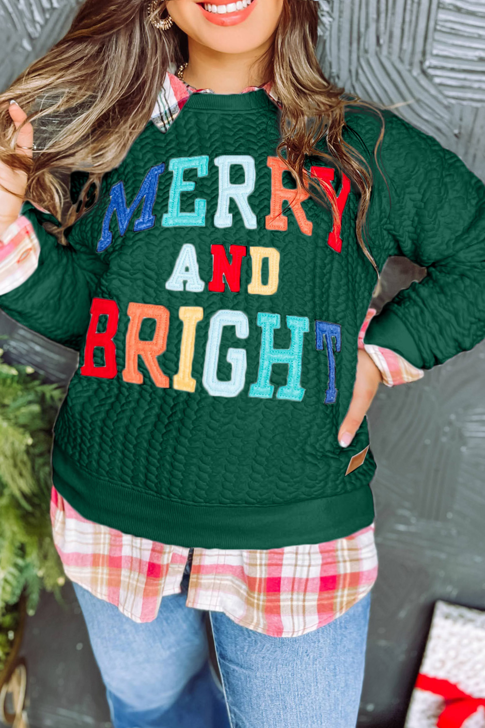 Blackish Green Merry And Bright Cable Knit Pullover Sweatshirt - Image 7
