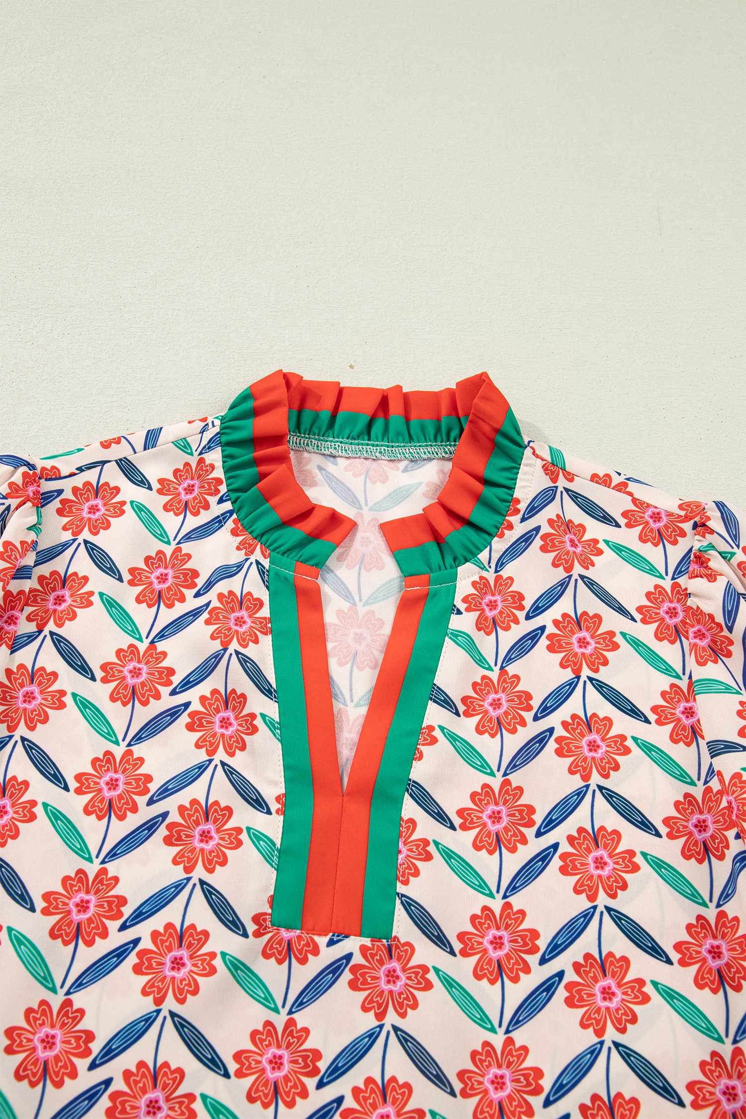 Red Floral Print Striped Detail V Neck Ruffled Short Sleeve Blouse - Image 4