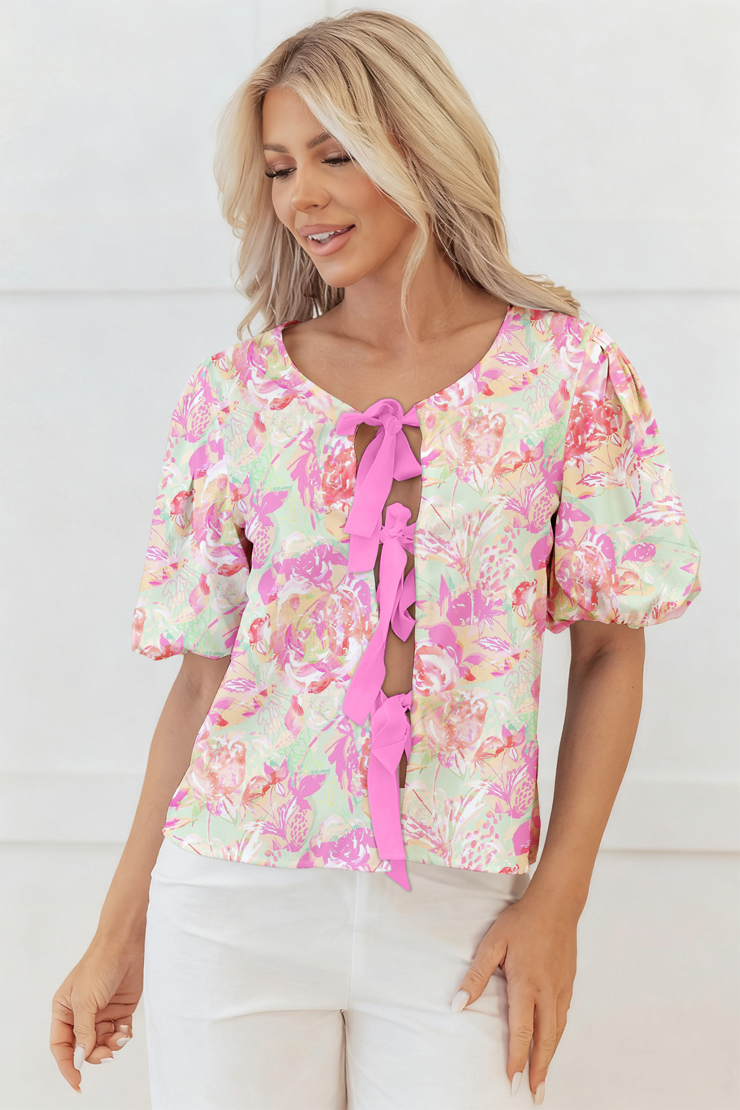 Pink Ribbon Knot Front Floral Short Puff Sleeve Blouse - Image 3