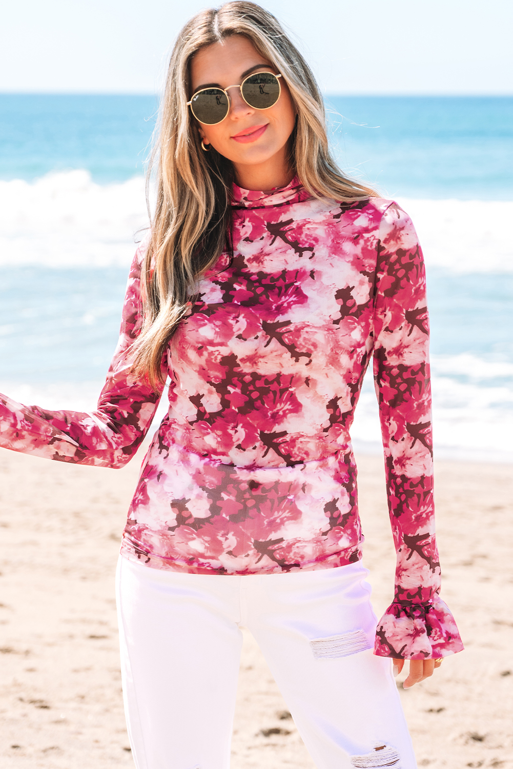Rose Floral Mesh Flounce Sleeve Mock Neck Blouse - Image 4