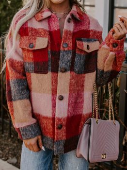 Orange Plaid Print Flap Pockets Buttoned Casual Plus Size Jacket